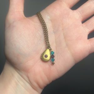 Mini dainty gold locket necklace with teal and purple Swarovski crystals